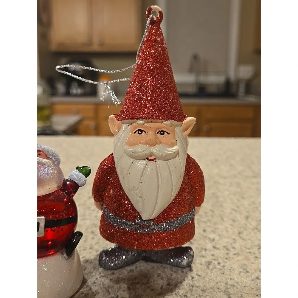 Midwest C B K Snow Globe Santa Lighted Glitter & 2 GNOME Elf Ornaments‎ Trd Gray